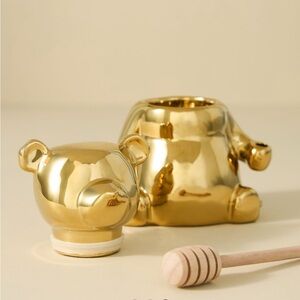NWT Anthropologie Metallic Bear Honey Pot Silver Stoneware Wood Dipper